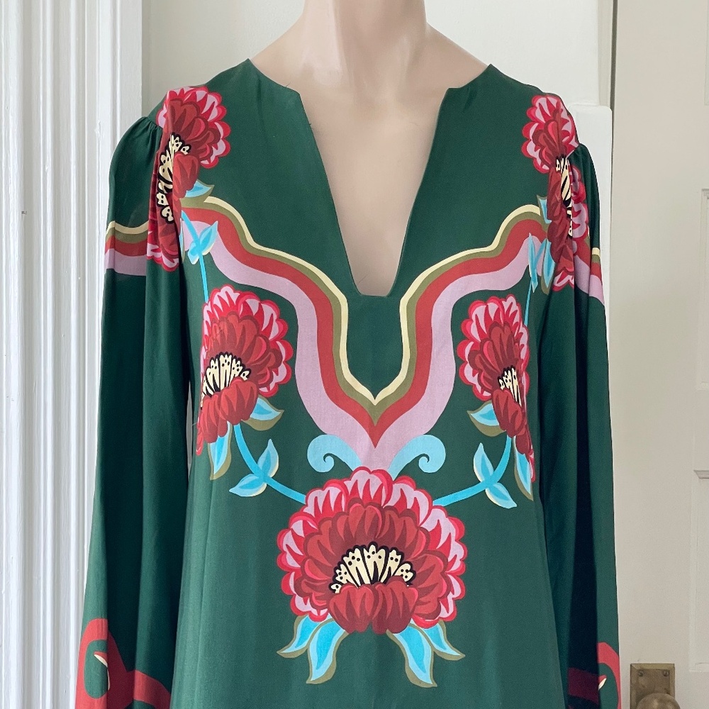 FARM Rio Green Floral Midi Dress with Red and Light Blue Accents